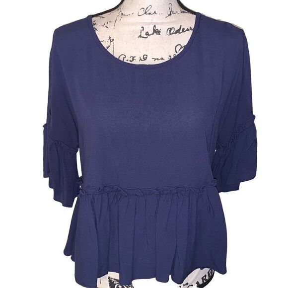 EVERLY navy rayon babydoll tiered blouse Small - Picture 1 of 9